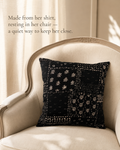 Signature heirloom pillow handcrafted from a black crape shawl with cream floral pattern,