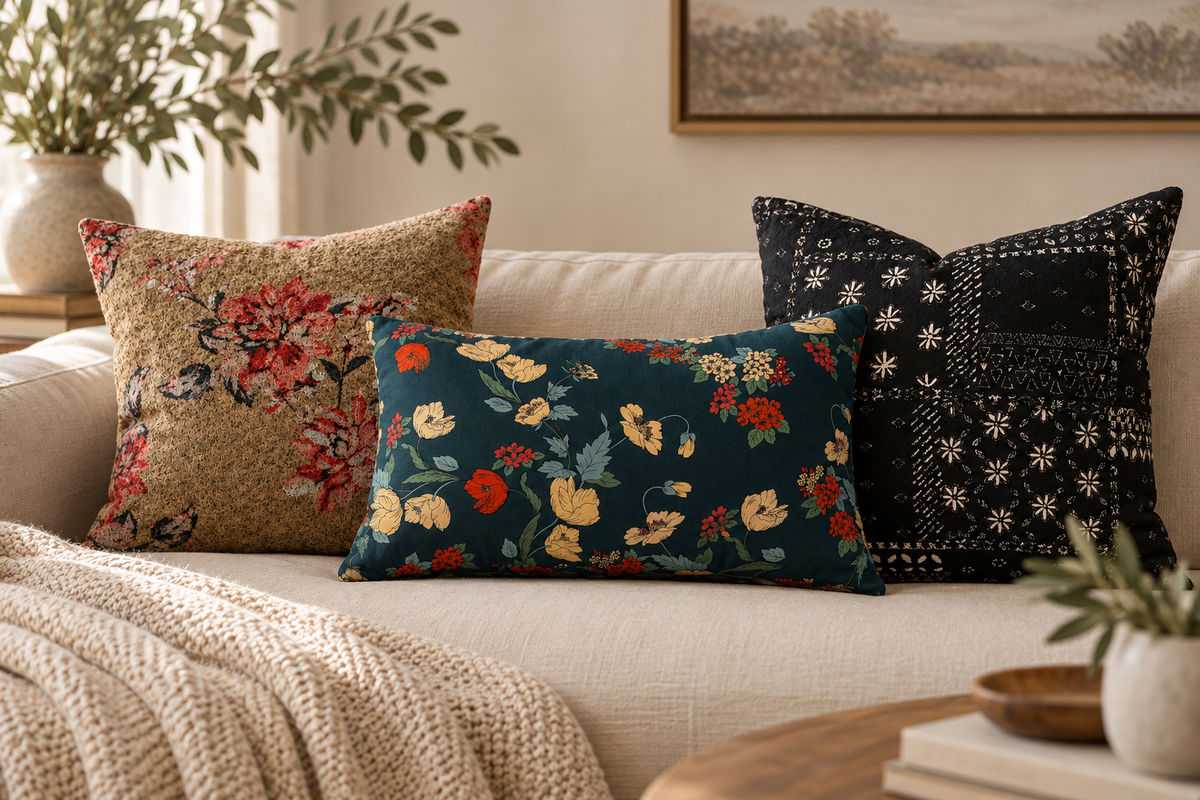 Three decorative throw pillows arranged on a light beige sofa in a styled living room. The center pillow is a dark teal rectangle with a multicolor floral print, flanked by a tan floral pillow and a black patchwork-style pillow with white floral motifs.