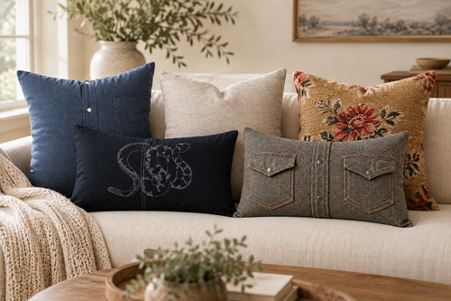 Five decorative throw pillows arranged on a light beige sofa in a styled living room. The pillows include a navy blue pocket-style pillow, a black embroidered pillow, a silver pillow, a western pillow, and a mustard floral pillow.