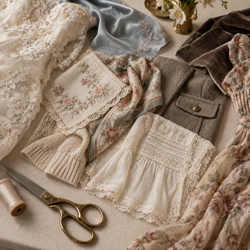 A styled flat-lay of vintage-inspired sewing and crafting materials, including cream lace fabric, a floral scarf, a gray tweed jacket, a pearl button, brass scissors, a spool of thread, and a light blue satin fabric, all arranged on a neutral linen background.