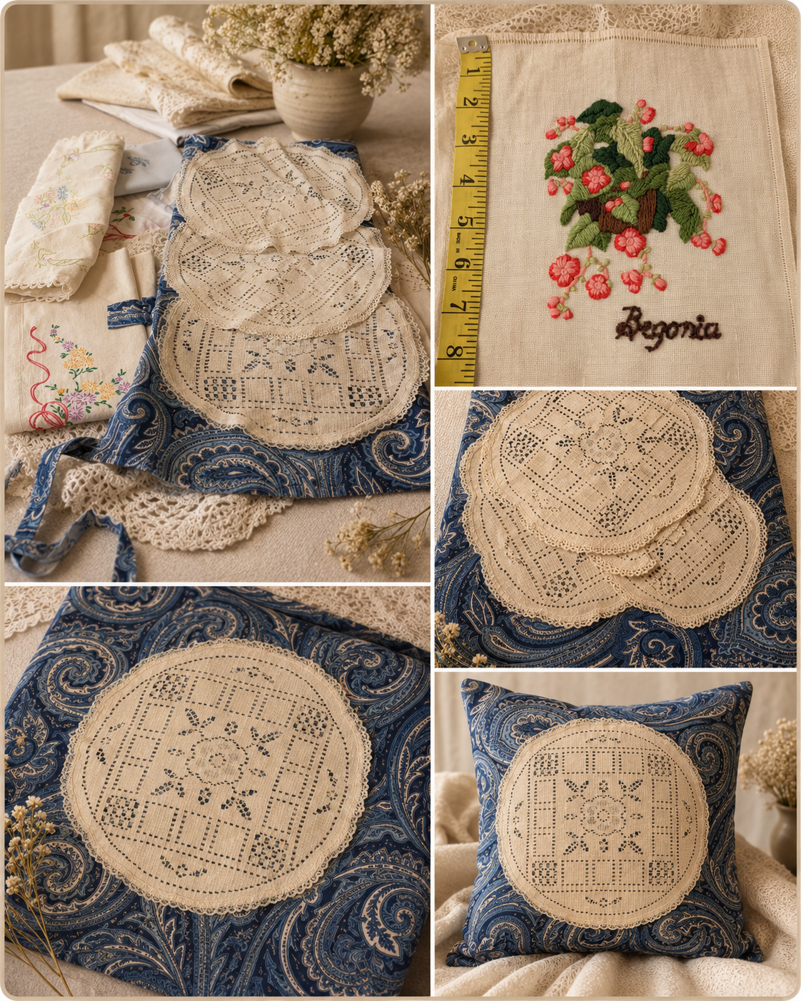 A collage showing embroidered decorative textile pieces, including blue patterned pillows or cushions with cream lace applique and floral embroidery, arranged on a table with a yellow measuring tape, flowers, and a small vase.