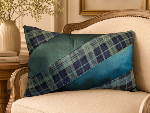 Complex designed multi-garment custom pillow created from flannel plaid pajama pants and satin pajama shorts