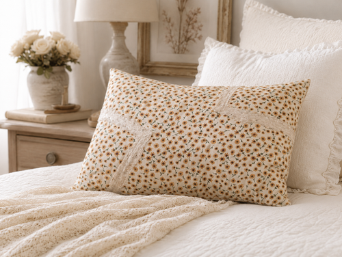 Complex designed multi-garment custom pillow created from a cotton summer dress with daisies and delicate lace
